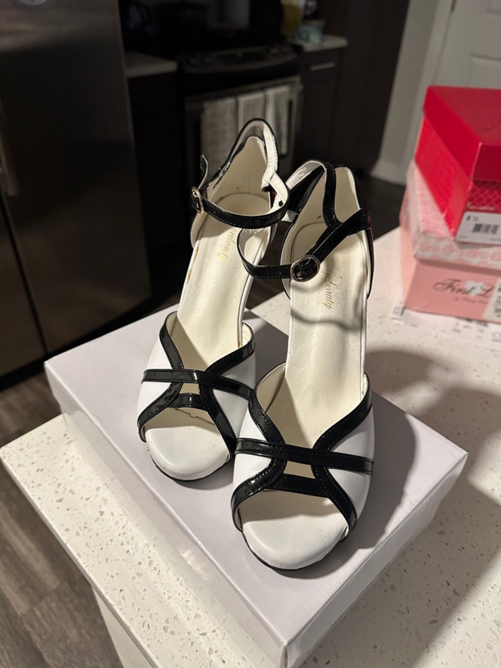 White and Black Strappy Ankle-Strap Heels - Classic Two-Tone